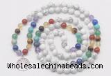 GMN6021 Knotted 7 Chakra 8mm, 10mm white howlite 108 beads mala necklace with charm
