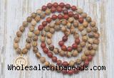GMN6160 Knotted 8mm, 10mm picture jasper & red jasper 108 beads mala necklace with charm