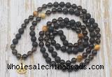 GMN6169 Knotted 8mm, 10mm black lava, smoky quartz & golden tiger eye 108 beads mala necklace with charm