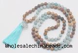 GMN6207 Knotted 8mm, 10mm matte amazonite & jasper 108 beads mala necklace with tassel & charm