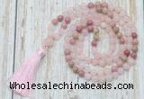 GMN6351 Knotted 8mm, 10mm rose quartz & pink wooden jasper 108 beads mala necklace with tassel