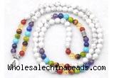GMN7076 7 Chakra 8mm white howlite 108 mala beads wrap bracelet necklaces