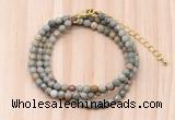 GMN7229 4mm faceted round tiny silver leaf jasper beaded necklace jewelry