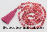 GMN798 Hand-knotted 8mm, 10mm red banded agate 108 beads mala necklace with tassel