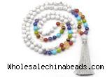 GMN8605 Hand-knotted 7 Chakra 8mm, 10mm white howlite 108 beads mala necklace with tassel