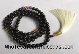 GNBS10 8mm black sandalwood & amethyst 108 beads mala necklace with tassel