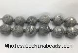 LSBS330 7.5 inches 30mm faceted round grey picture jasper gemstone beads wholesale
