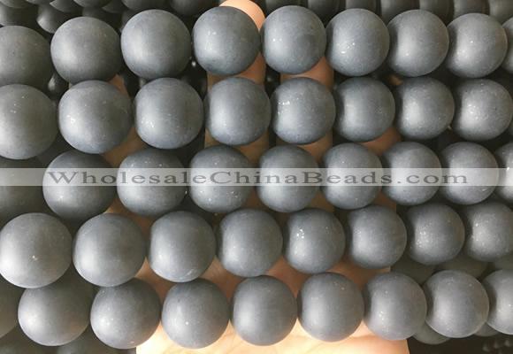 LSBS699 15 inches 16mm round matte black agate gemstone beads wholesale
